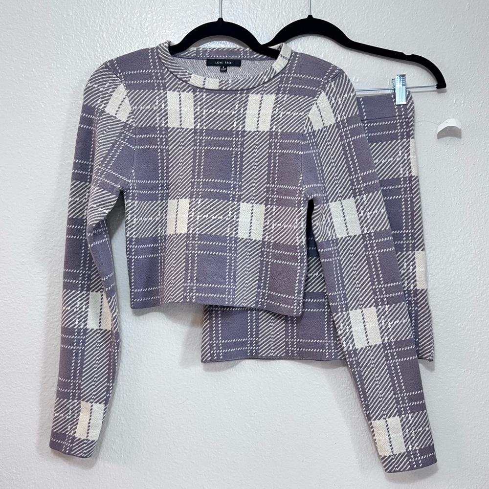 Love Tree purple long sleeve and skirt set plaid in purple and off white